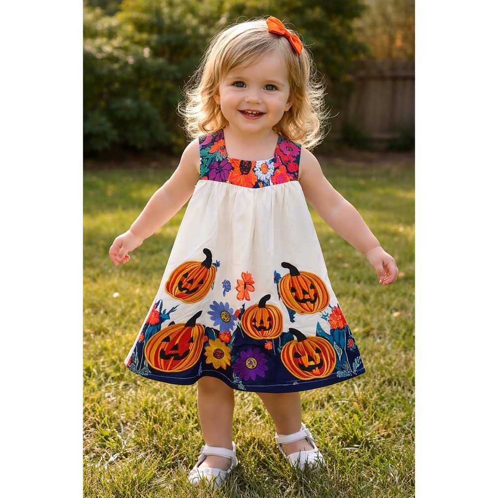 Mini Taylor Toddler Girls Halloween Pumpkin Dress Fall Floral Applique  SZ‎ 2-3